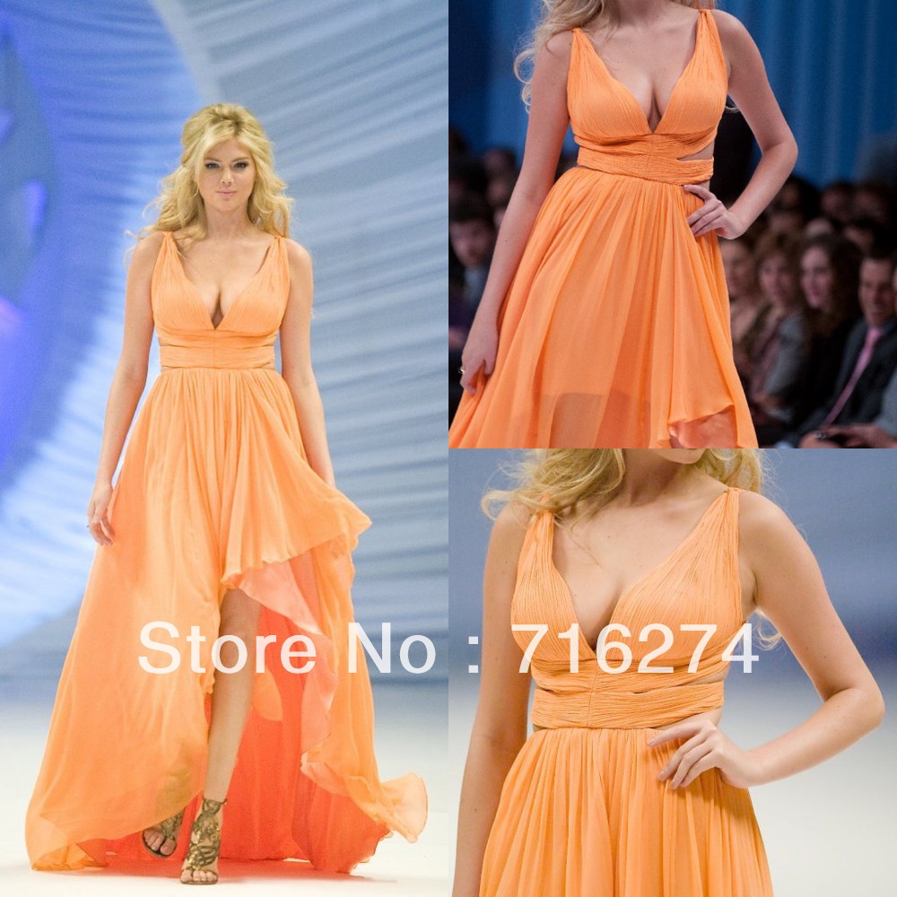 kate-upton Popular Orange Spaghetti Strap Ruffles Hi Low  Jewel  A Line Pleat  Chiffon Celebrity Dresses Prom Gown