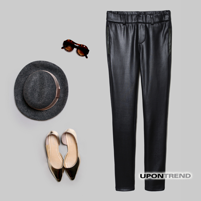 Kc0473 2013 plus velvet thickening metal quality slim basic faux leather pants three-color