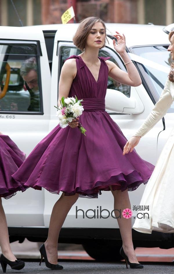 Keira Knightley  V Neck Floral Flower Ball Gown Bow Purple Knee Length  Chiffon Celebrity Dress/Bridesmaid Dress
