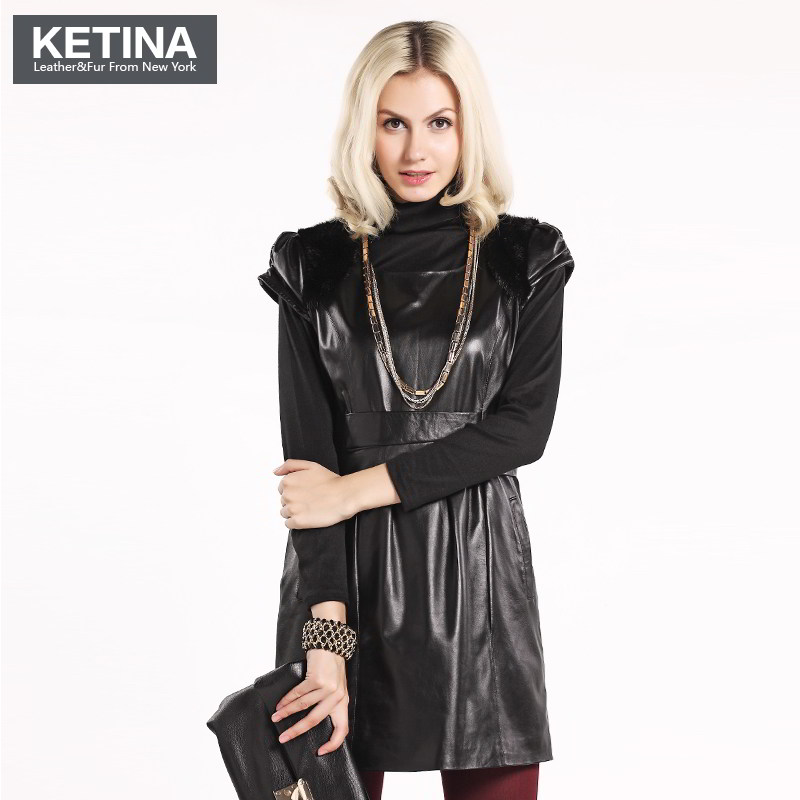 Ketina genuine leather clothing female leather skirt vest one-piece dress black sheepskin slim hip