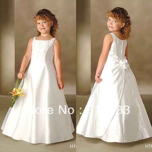 kid long dresses girls church dress cheap wedding gown with free shipping embroidry white a line satin long ivory pleated