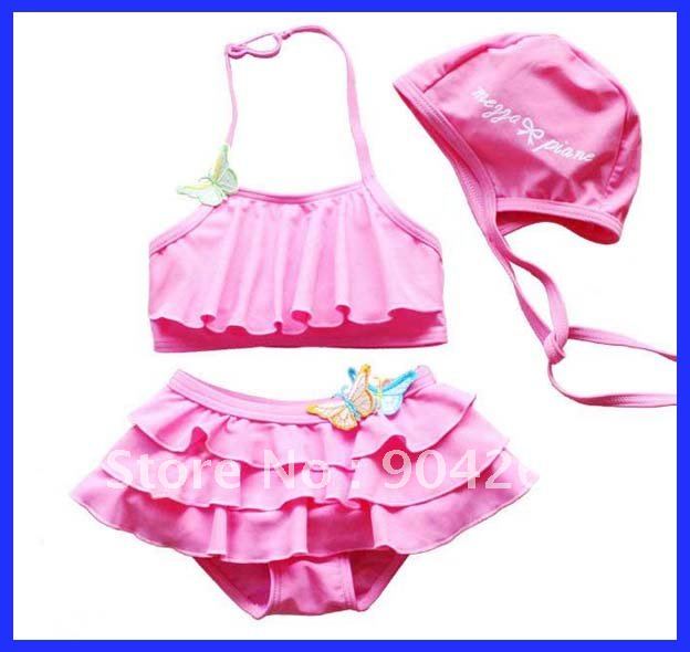 Kid's /girls' pink swimwear with butterfly separate suit thin strap mini skirt  girls swimsuits Free Shipping