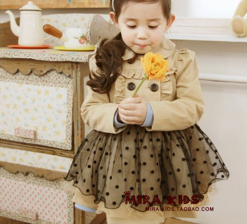 kids Children's clothing female child lace dot double breasted child trench baby outerwear free shipping