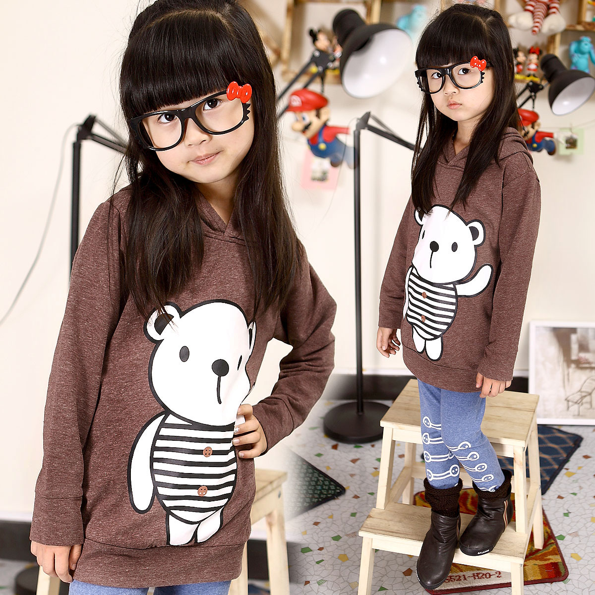 Kids Fashion Children's clothing spring 2013 female child casual top baby printed bear hooded sweatshirt f10933 Free Shipping