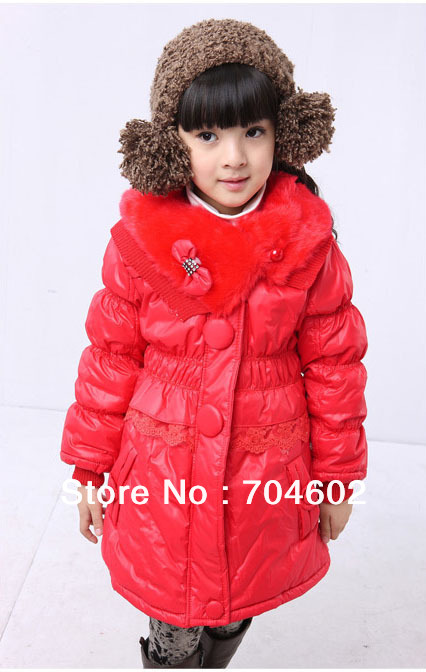 Kids girl winter Cotton-padded jacket Big fur collar girl's coat with bowknot 3pcs/lot Free Shipping C050