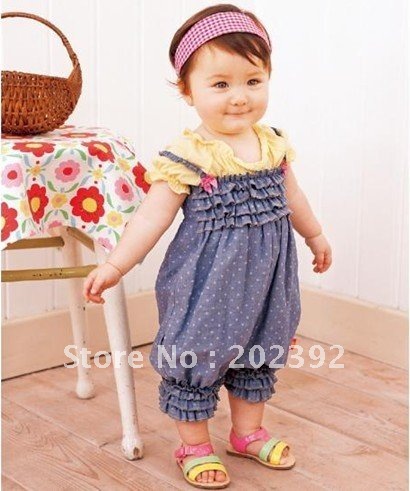 Kids Girls Overalls  rompers jeans blue polka dots baby overall pants girls Fashion baby pants Freeshipping