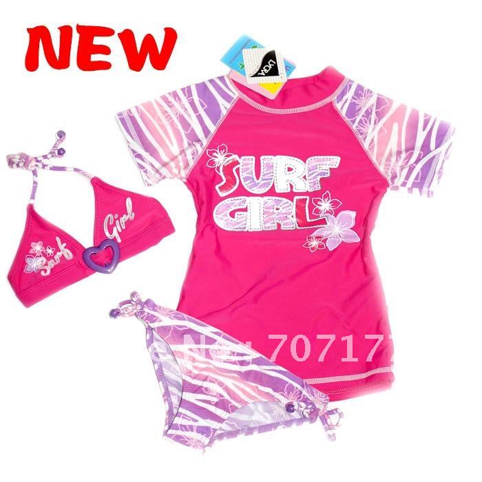 kids girls swimsuits bikini tops UV swimwear UPF50+ purple rose-pink mix order Surfing clothes surf