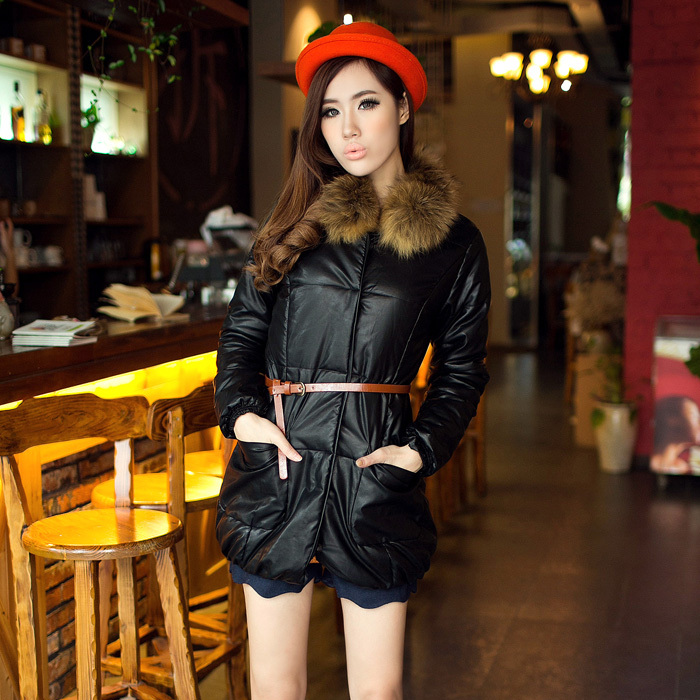 Kikot classic detachable fur collar belt leather wadded jacket cotton-padded jacket female