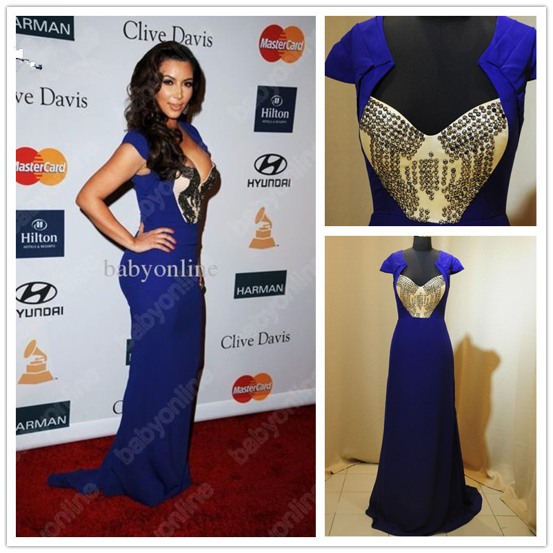 Kim Kardashian Evening Dresses Cap Sleeve V Neck Beading Royal Blue Chiffon Long Celebrity Dresses