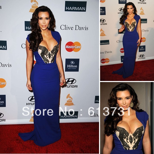 Kim Kardashian Evening Dresses Cap Sleeve V Neck Beading Royal Blue Chiffon  Long Celebrity Dresses
