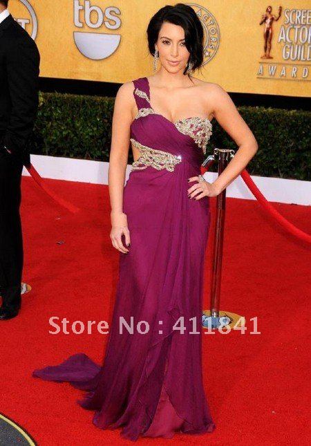 Kim Kardashian Purple One-shoulder Chiffon Long Evening Prom Gown Celebrity Dress SAG Awards 2011