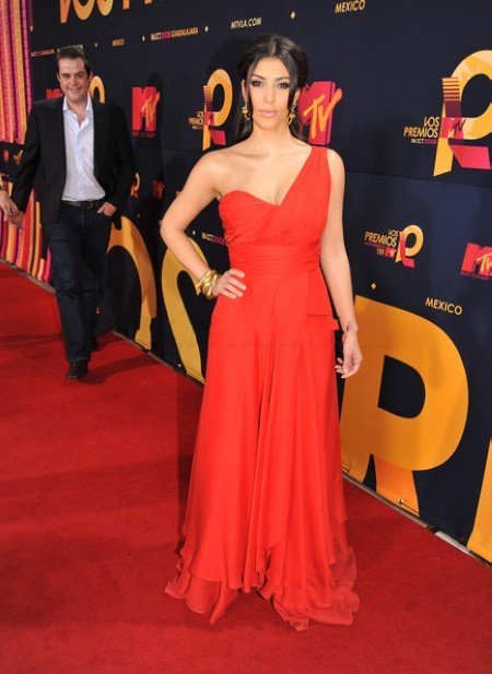Kim Kardashian Red One Shoulder Chiffon Formal Gowns Celebrity Dress MTV Latin America Awards 2008
