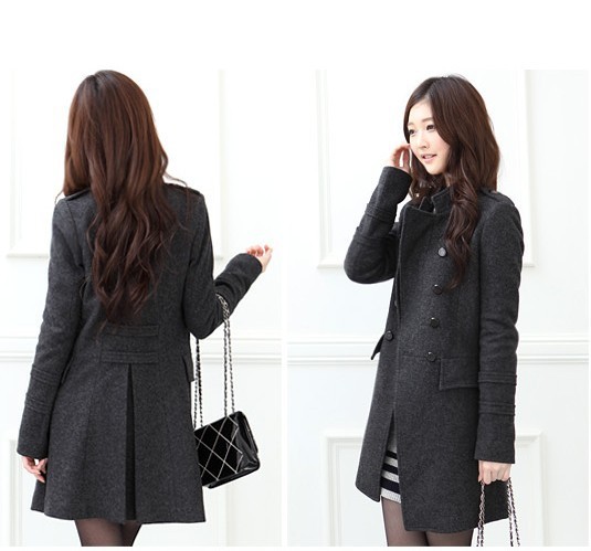 KING TIME Freeshipping  Autumn  Double Breasted Wool Coat Thin Woolen Outerwear Woolen Trench Female Black Gray Size:S-XL FWT291