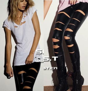 KINGTIME Free Shipping Female Legging Personality Hole Slim Tights Faux Leather Cotton Ankle Length Trousers Pants