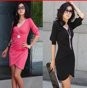 KINGTIME Freeshipping  Fashionable  Women's Thin Dress   Black Pink V-Neck Solid FQZ63   SIZE :S-XXXXL
