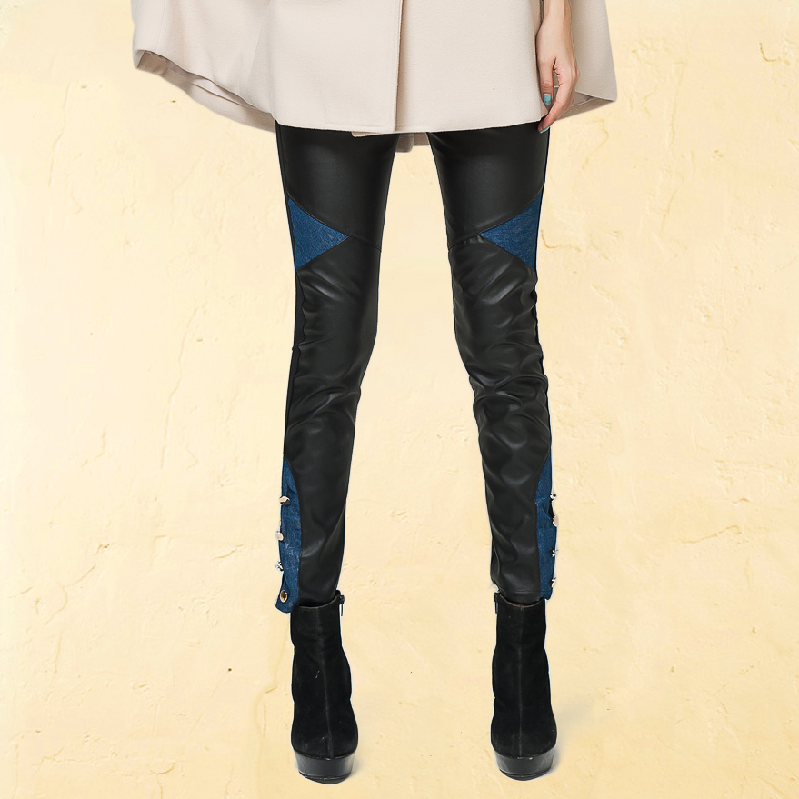 Kiskiy faux leather legging autumn boot cut jeans female patchwork faux leather pants pencil pants 5016