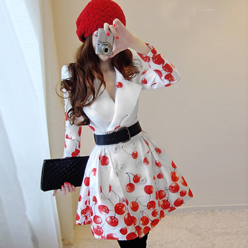 knee-length dress Accidnetal autumn red cherry puff skirt elegant women's double breasted trench print dress