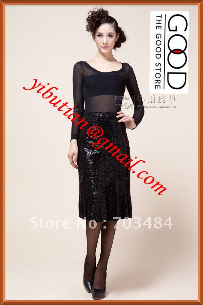 Knee-Length  Lace Slim Black Ladies Long Leather Skirt  100% Sheep Leather Very Soft