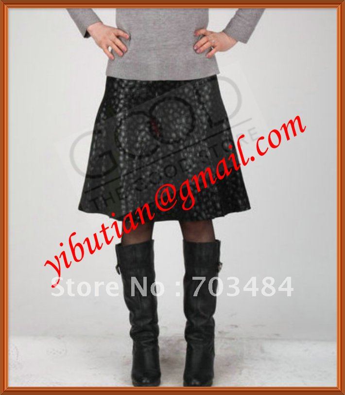 Knee-Length Pleated  Slim Black Ladies Long Leather Skirt  100% Sheep Leather Very Soft Free shipping