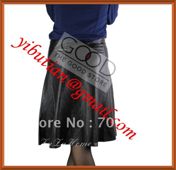 Knee-Length Pleated  Slim Black Ladies Long Leather Skirt  100% Sheep Leather Very Soft Free shipping