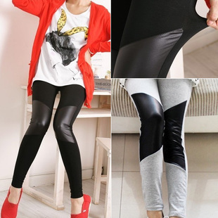 Knee of symmetry patchwork faux leather fashion legging ankle length trousers female spring and autumn