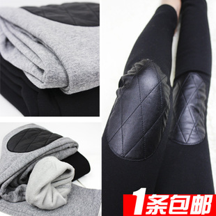 Knee patchwork patch 100% cotton legging faux leather female plus velvet thickening warm pants