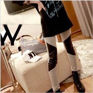 Knee symmetrical patchwork leather pants cotton irregular tight trousers legging female pencil pants