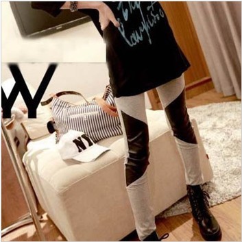 Knee symmetrical patchwork leather pants cotton irregular tight trousers legging female pencil pants