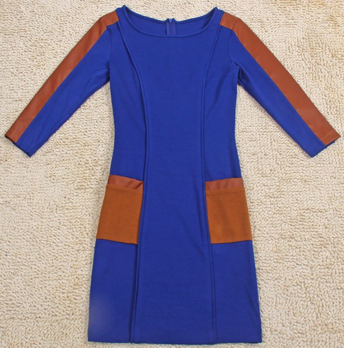 Knit with leather long sleeve dress  Free shipping (5 pieces/lot)