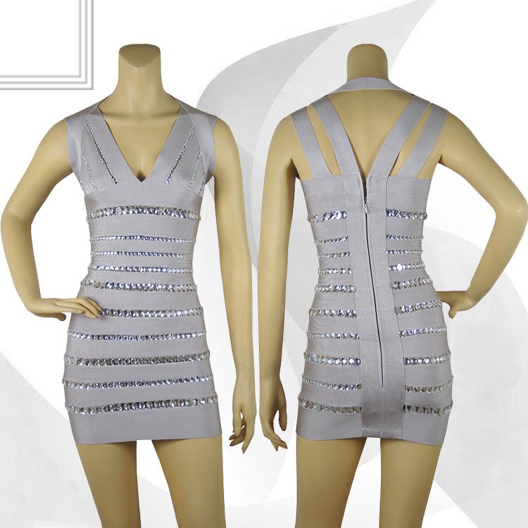 Knitted Bandage Dress H047 Ladies V-neck Sleeveless Party Dress Gray