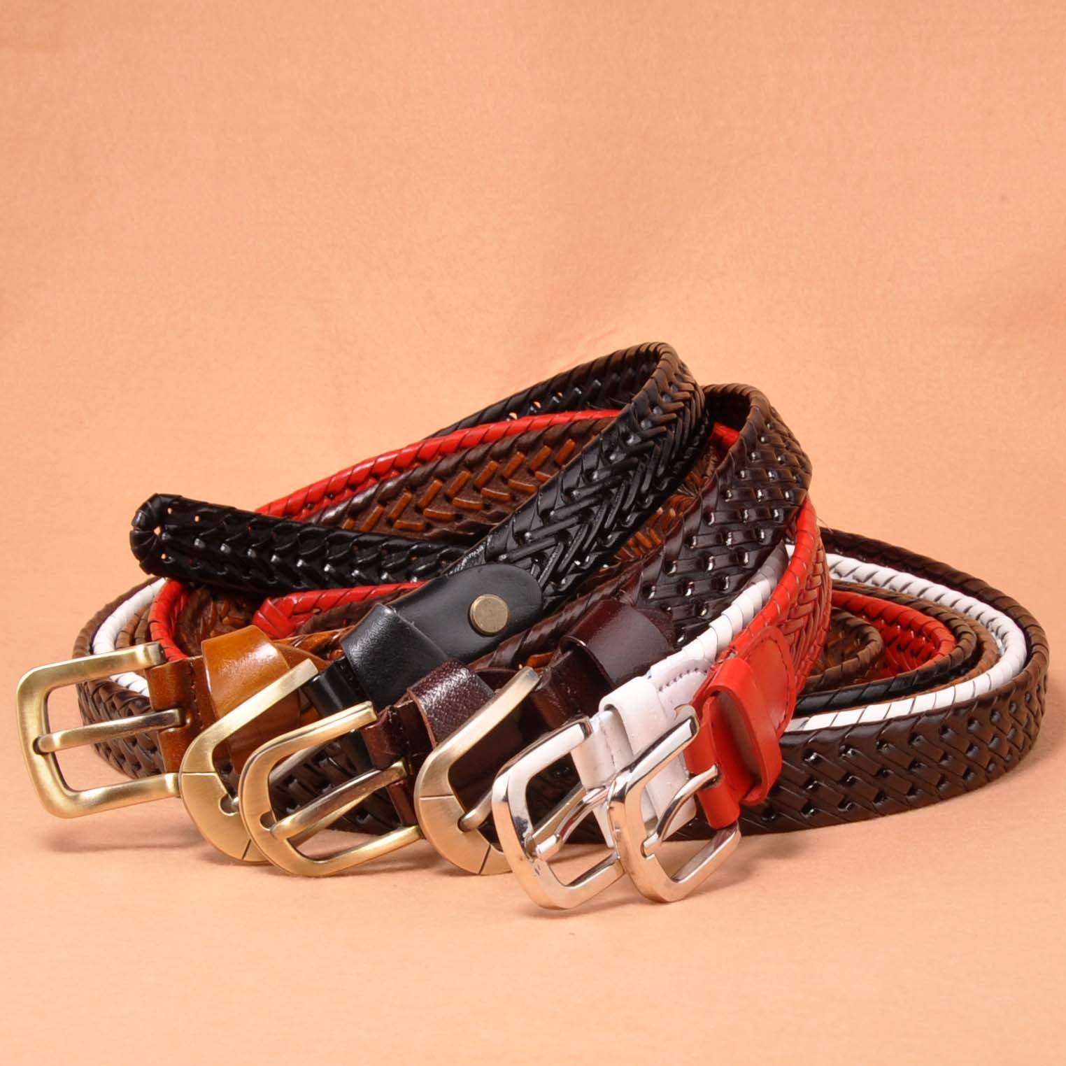 Knitted cowhide strap pin buckle casual genuine leather belt for women women's knitted belt