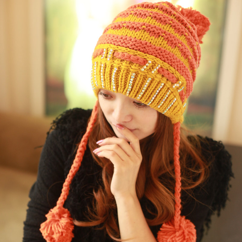 Knitted hat ball knitted women's knitting wool color block autumn and winter thermal ear protector cap