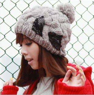 Knitted hat paillette bow ball knitted hat winter line cap women's hat knitted hat