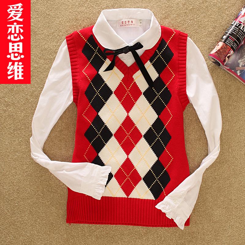 Knitted plaid vest preppystyle V-neck sweater