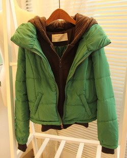 Knitted yarn patchwork faux two piece set with a hood short design thickening thermal cotton-padded jacket wadded jacket