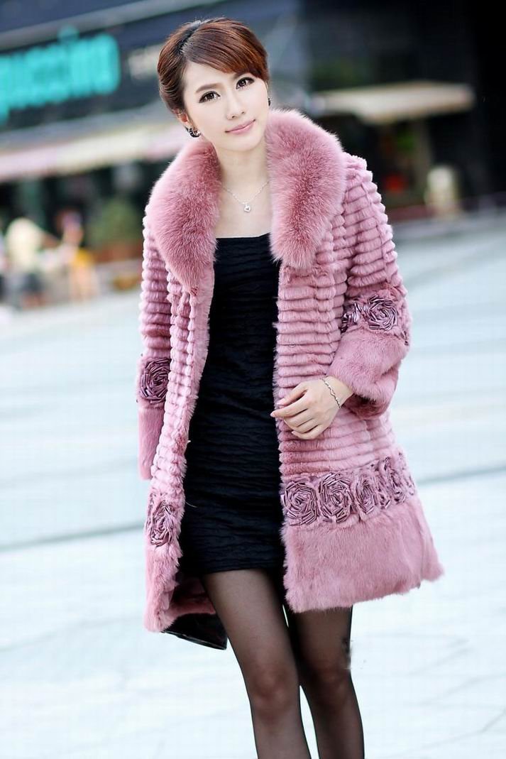 KomooVogue Women's Top Sale Fox Fur Collar Jacket with Striped Rabbit Fur Garment Coat