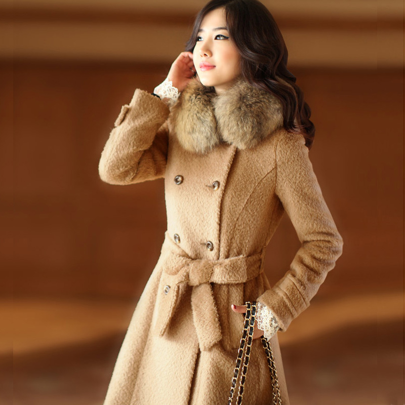 Korea 2012 autumn and winter new arrival woolen overcoat outerwear female medium-long large fur collar double breasted