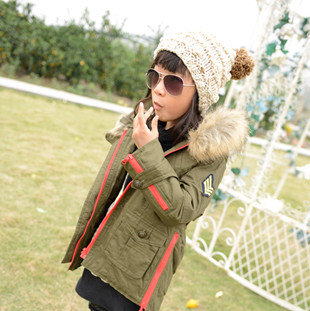 Korea 2012 girls clothing autumn and winter fur collar Army Green tooling thickening long design cotton trench wadded jacket