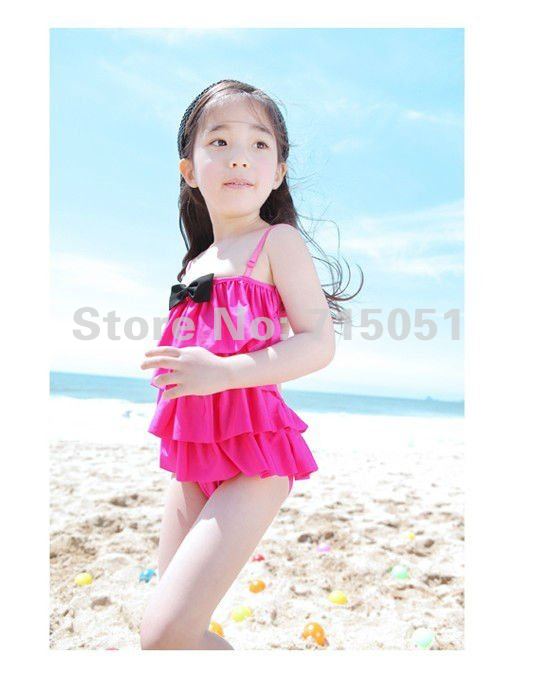 Korea cute lovely princess dress new fluorescent powder type conjoined spring parent-child swimsuit + swim cap