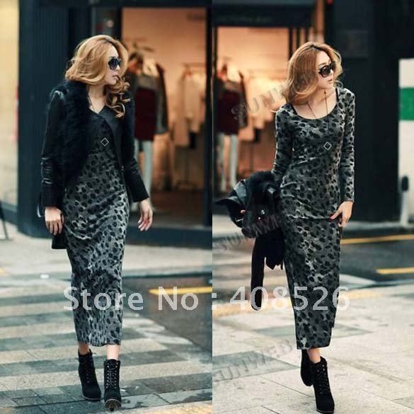 Korea Fashion autumn Sexy cotton Slim Leopard long sleevemaxi  long dress 2 Colors free shipping 7229