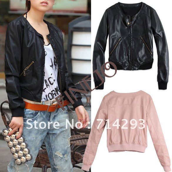 Korea Fashion Lady Women's Round Collar Slim Zipper Pattern Faux Leather Jacket Coat Outwear 2 Colors free shipping 7741