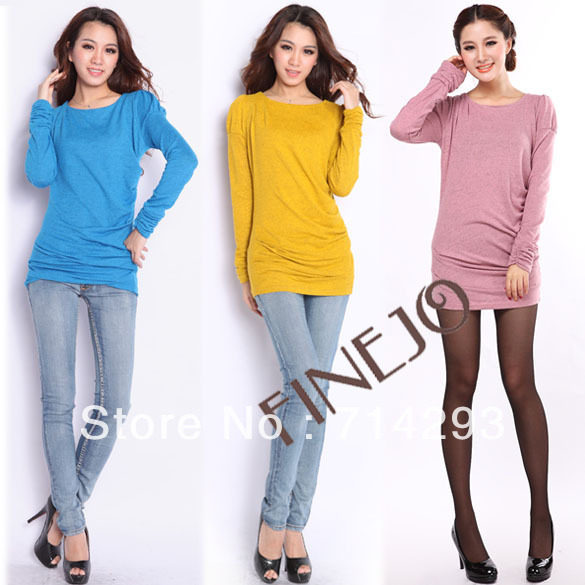 Korea Fashion Women's Autumn Slim Round collar Bubble sleeve Long T-shirt Shirt Tops free shipping 8079