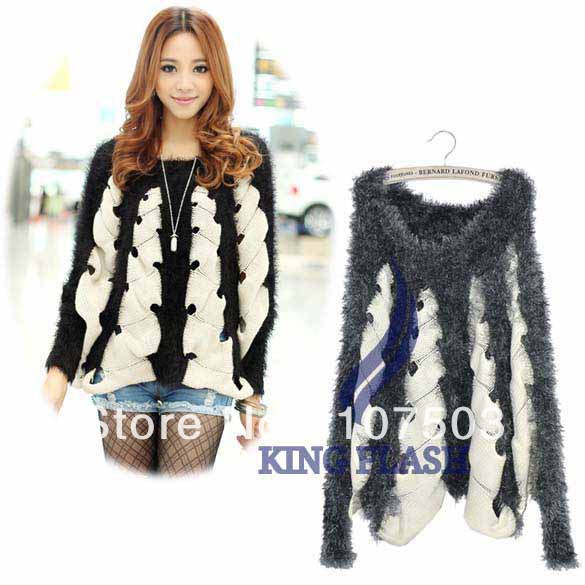 Korea Fashion Women's Hollow out Long Sleeve Loose Sweaters Top Black, Gray Free shipping 7943