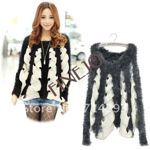 Korea Fashion Women's Long Sleeve Hollow Loose Sweater Splicing lint Top 2 Colors Hot free shipping 7943