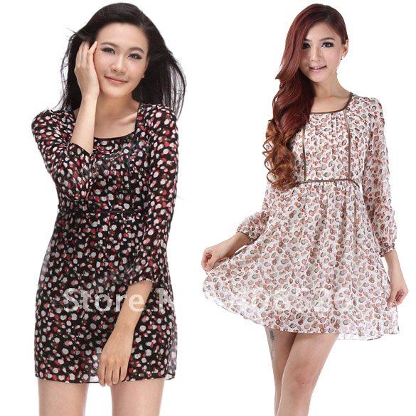 Korea Fashion Women's OL Pattern Slim Sweet print Long Sleeve Chiffon Dress Free shipping 8081
