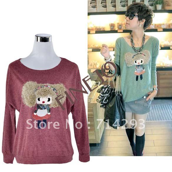 Korea Fashion Women's Shirt Sweet Batwing Loose Jumper Pullover Shirt Blouse Red,Green Free shipping 7940