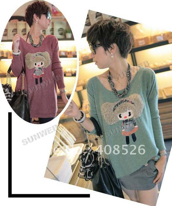 Korea Fashion Women's Sweater Sweet Batwing Loose Jumper Pullover Shirt Blouse Red,Green Free shipping 7940