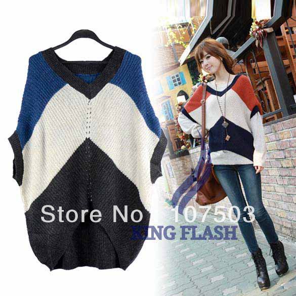 Korea Fashion Women's Sweater Woolen V-neck stripe loose Medium Sleeve Color Matching Coat Jacket 3 Color free shipping 7705