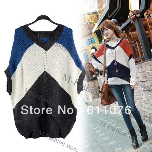 Korea Fashion Women's Sweater Woolen V-neck stripe loose Medium Sleeve Color Matching Coat Jacket free shipping 7705