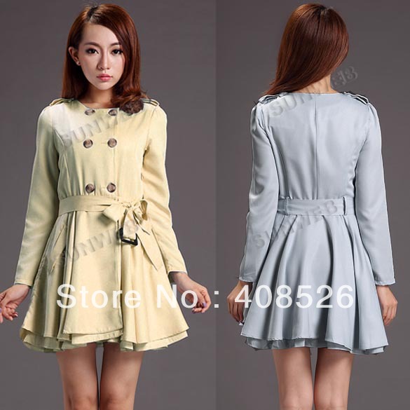 Korea Lady Women's Fashion Slim Pleated Double-Breasted Long Trench Coat Outwear Overcoat 2 colors free shipping 9119